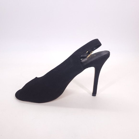 Express Womens Faux Suede Pumps Open Toe Slingback Slim Heel Black 9 - Picture 2 of 10